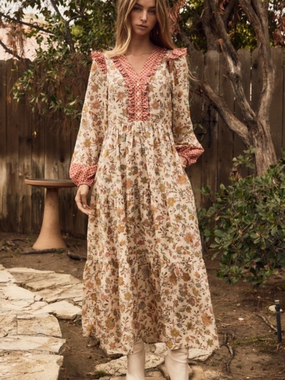 P2-1004 Boho Cottage core Floral Maxi Dress with Burnt Red Ruffle Trim